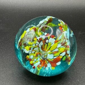 VTG Blue, Yellow, White, Orange Glass Paperweight 2”